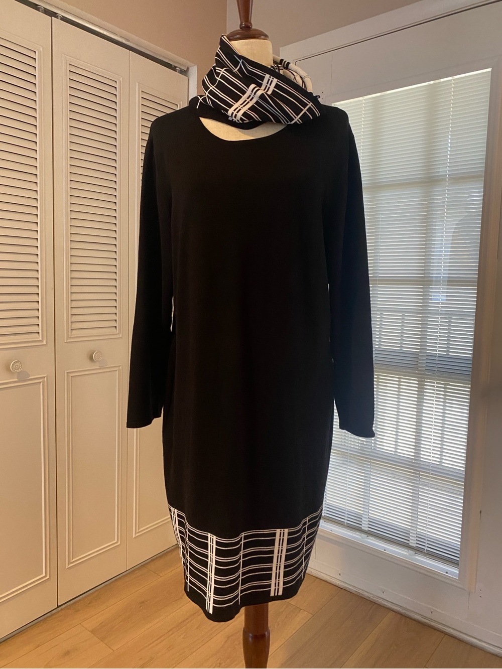 Black Long Sleeve Shift Dress with White Plaid Hem and scarf